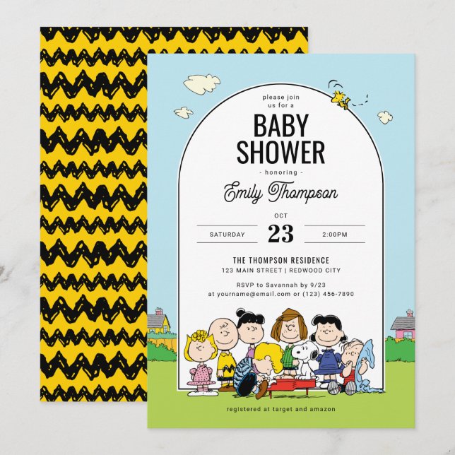 Invitation cacahuètes | Charlie Brown & Gang - Baby shower Ar (Devant / Derrière)