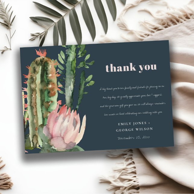 INVITATION CACTI FLORAL ROSE MARINE FOLIAGE MERCI MARIAGE (Créateur téléchargé)