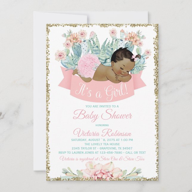 Invitation Cactus African American Girl Baby shower (Devant)