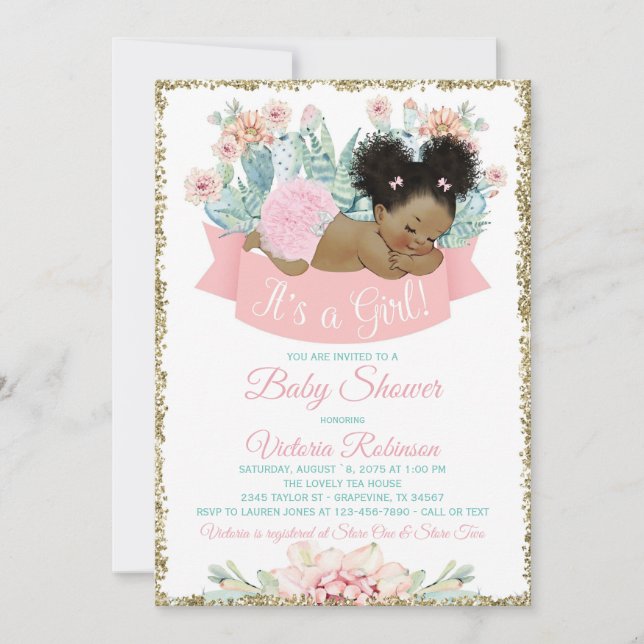 Invitation Cactus Baby shower afro-américain pour filles (Devant)