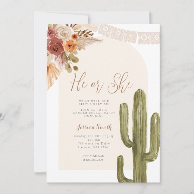 Invitation Cactus Bohemian Floral Lui ou Elle Révélation de g (Devant)