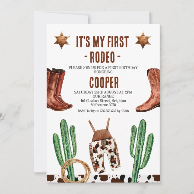 Invitation Cactus Bottes Mon premier Rodéo 1er Anniversaire (Devant)