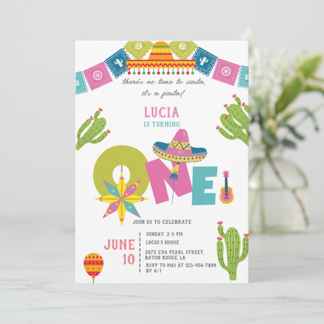 Invitation Cactus coloré Fête mexicaine Premier anniversaire (Debout devant)