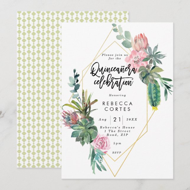 Invitation Cactus de Quinceanera 15e anniversaire géométrique (Devant / Derrière)