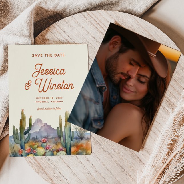 Invitation Cactus du désert moderne Photo Sauvez la date (Créateur téléchargé)