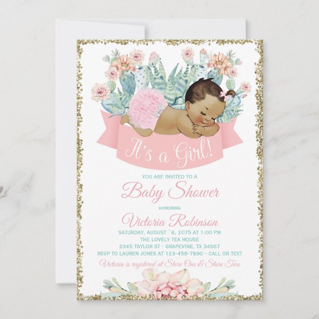 Invitation Cactus Ethnic Girl Fiesta Baby shower (Devant)