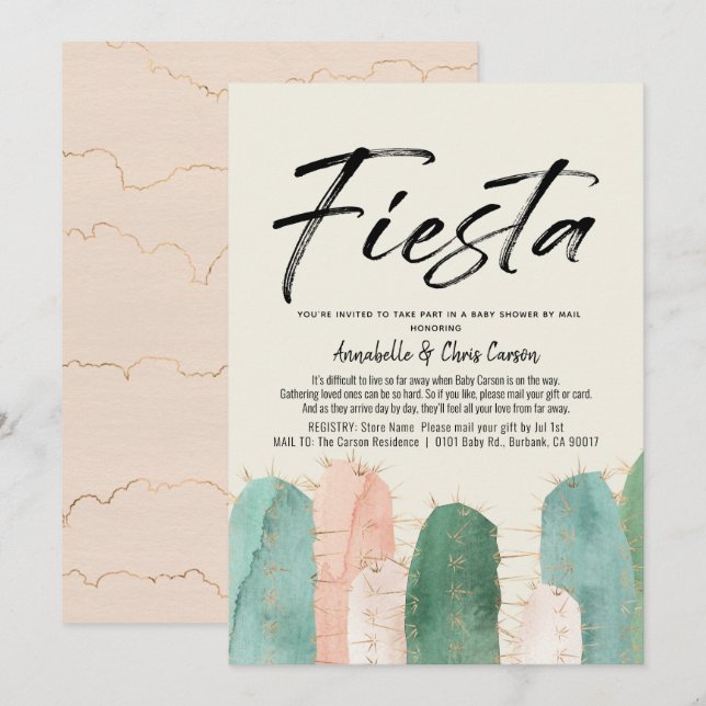 Invitation Cactus Fiesta Baby shower rose par courrier (Devant / Derrière)