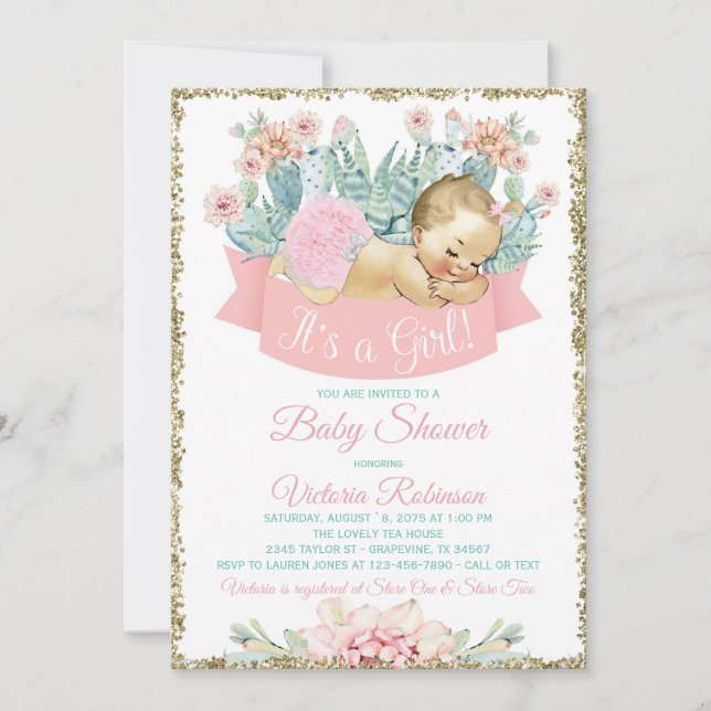 Invitation Cactus Fiesta Blonde Girl Baby shower (Devant)