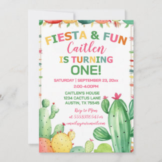 Invitation Cactus Fiesta premier anniversaire fille colorée