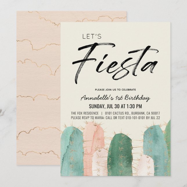 Invitation Cactus Fiesta rose 1er anniversaire (Devant / Derrière)