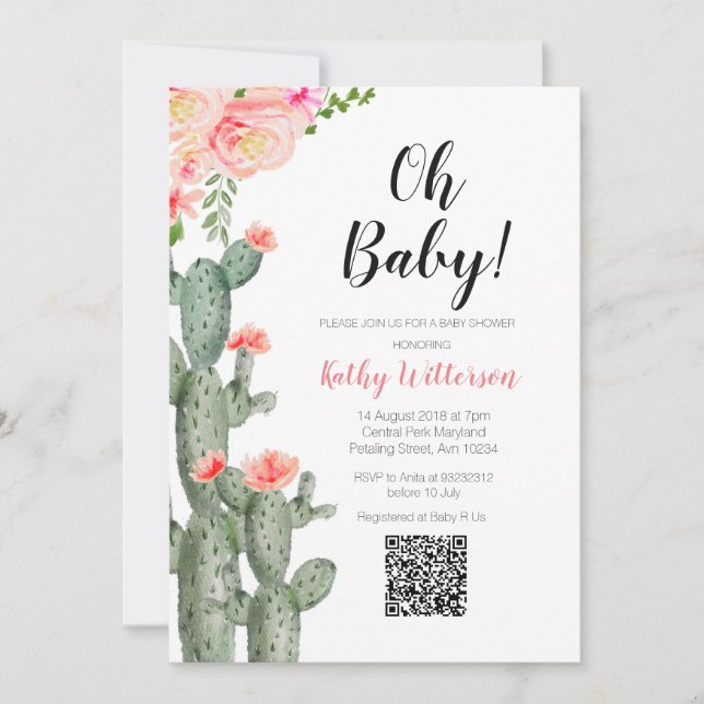 Invitation Cactus Fille Succulente baby shower Fleurs roses Q (Devant)