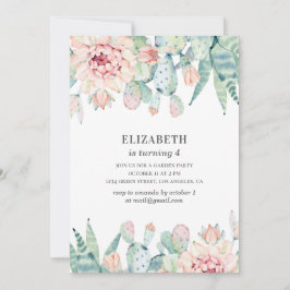 Invitation Cactus floral aquarelle. Bébé fille. Anniversaire 