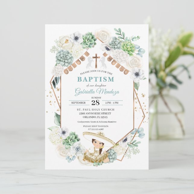 Invitation Cactus Floral Mexicaine Baby Girl Charra Baptism (Debout devant)
