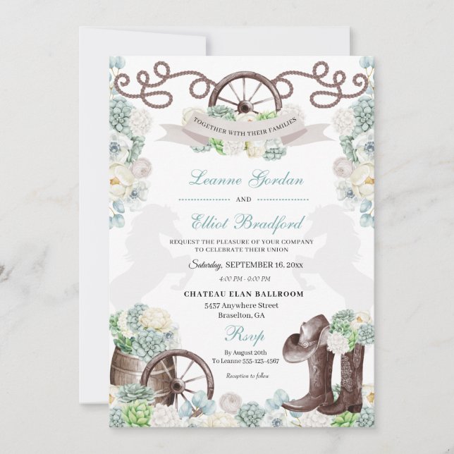 Invitation Cactus Floral Mint Green Western Cowboy Mariage (Devant)