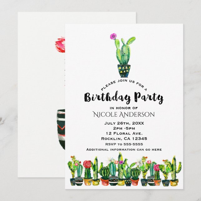 Invitation Cactus Floral Rustic Southwestern fête d'anniversa (Devant / Derrière)