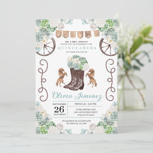Invitation Cactus Floral Western Cowgirl Boots Quinceanera (Debout devant)