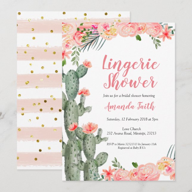 Invitation Cactus mexicain Floral Lingerie Douche (Devant / Derrière)