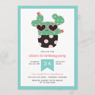 Invitation Cactus rose noir mignonne fête d'anniversaire