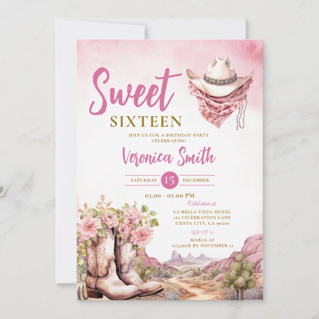 Invitation Cactus rose Sweet sixteen Cowgirl Boost Anniversai (Devant)