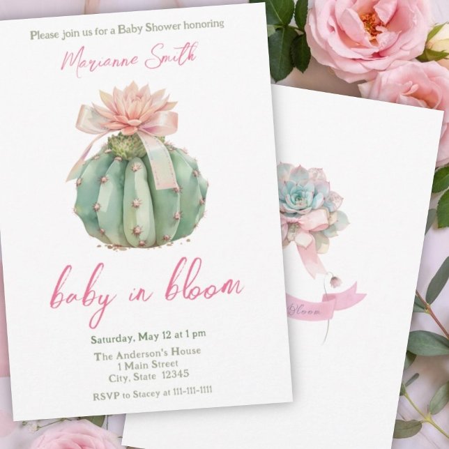 Invitation Cactus Ruban rose Bébé fille Douche (Créateur téléchargé)