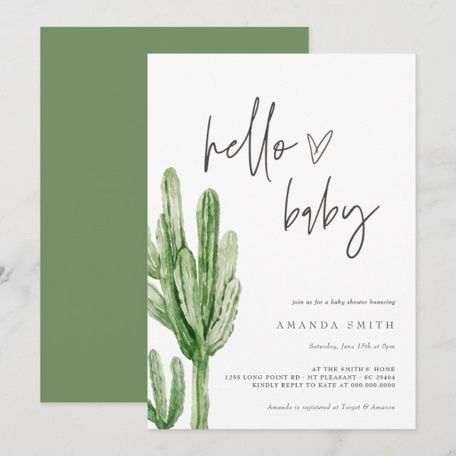 Invitation Cactus Sexe Désert Neutre Bonjour Baby shower Inv (Devant / Derrière)