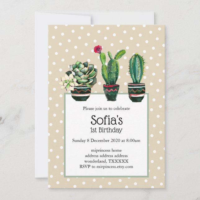 Invitation cactus, succulent, aquarelle, fiesta, anniversaire (Devant)