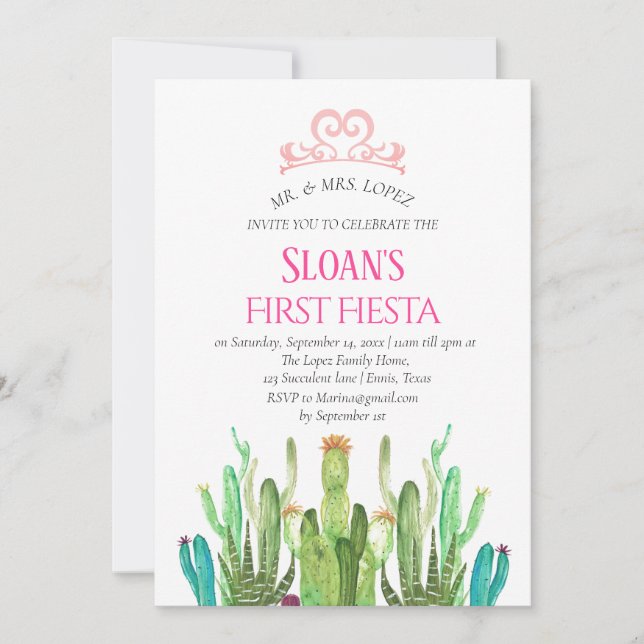 Invitation Cactus Tiara Première Fiesta Rose Anniversaire mod (Devant)