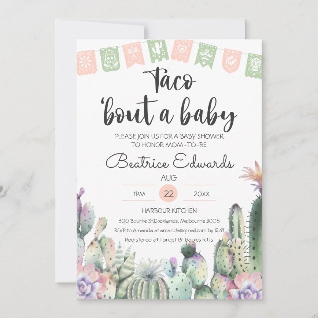 Invitation Cactus vert rose Taco Bout Un Baby shower RSVP (Devant)