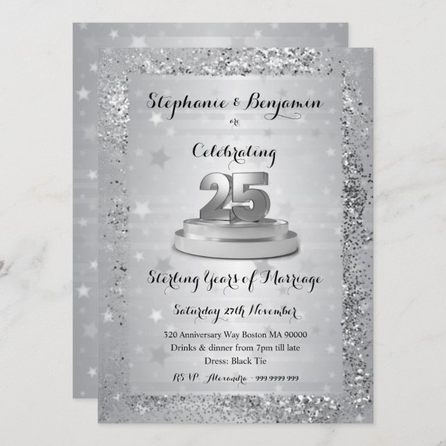 Invitation Cadeau 25e Anniversaire de Mariage Argent Brillant (Devant / Derrière)