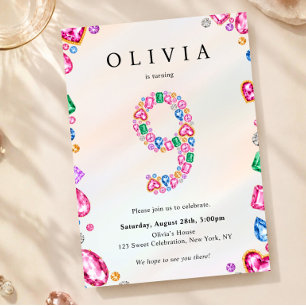 Invitation Cadeau 9e anniversaire, fête de bijoux en strass