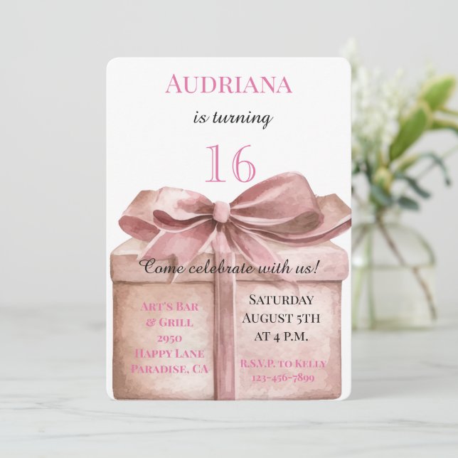 Invitation Cadeau avec Bow 16e anniversaire (Debout devant)
