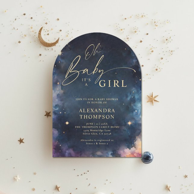 Invitation Cadeau céleste Midnight Blue Star Arch Baby shower (celestial baby shower invitation arch twinkle star moon cosmos galaxy dark navy blue gold planet)