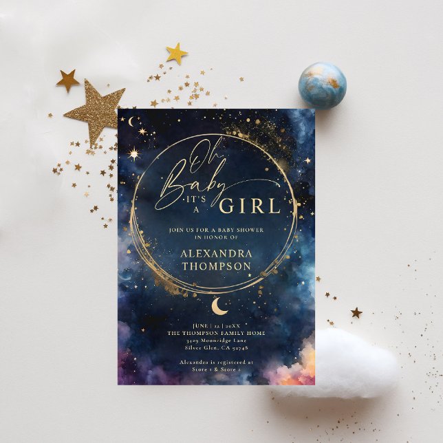 Invitation Cadeau céleste Minuit Bleu Élégant Baby shower (celestial baby shower invitation twinkle star moon cosmos galaxy dark navy blue gold)