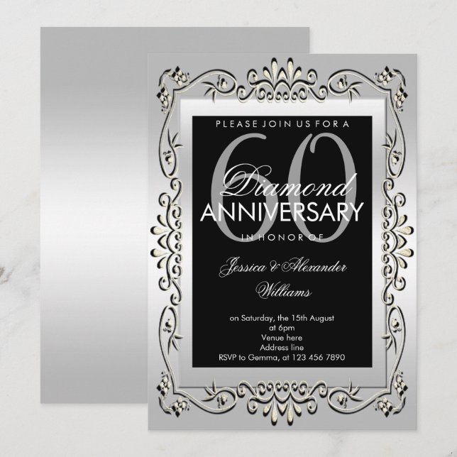 Invitation Cadeau de Mariage Élégant Décoratif Argent 60 ans  (Devant / Derrière)