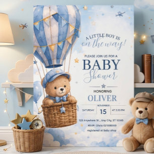 Invitation Cadeau Ourson Bleu en Montgolfière pour Baby Showe