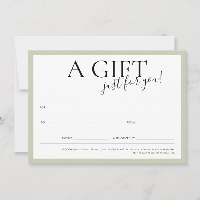 Invitation CADEAU VOUCHER élégant logo chic affaires sauge ve (Devant)