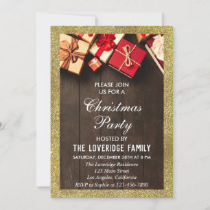 Invitation Cadeaux de fête de Noël festive paillettes dorées