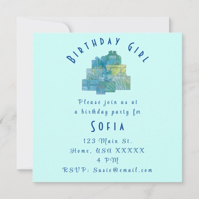 Invitation Cadeaux mignons pour Anniversaire Fille Bleu Vert (Devant)