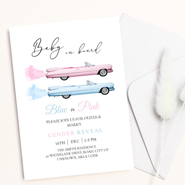 Invitation Cadillac bleu et rose Voiture Bébé Révélation de g (Créateur téléchargé)