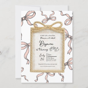 Invitation Cadre à arc doré Ruban rose 1er anniversaire
