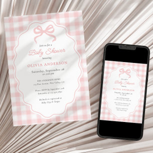 Invitation Cadre à motifs Prépa Rose à carreaux et noeud papi