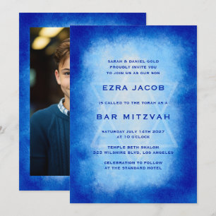 Invitation Cadre Aquarelle Bleue PHOTO Personnalisée Bar Mitz