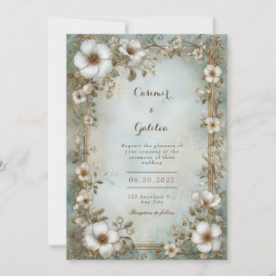 Invitation Cadre aquarelle sarcelle mariage fleur blanche orn