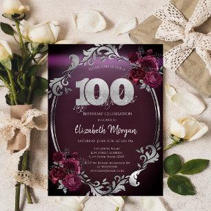 Invitation Cadre argenté chic Roses bordeaux 100e anniversair