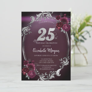 Invitation Cadre argenté chic Roses bordeaux 25e anniversaire