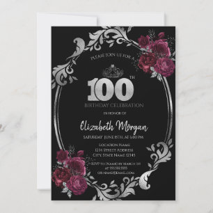 Invitation Cadre argenté Roses bordeaux 100e anniversaire