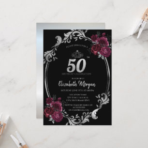 Invitation Cadre argenté Roses bordeaux 50e Anniversaire