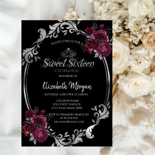 Invitation Cadre argenté Roses bordeaux Douce 16 noire