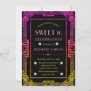 Invitation Cadre Art Déco Pailleté Rose et Jaune Sweet 16