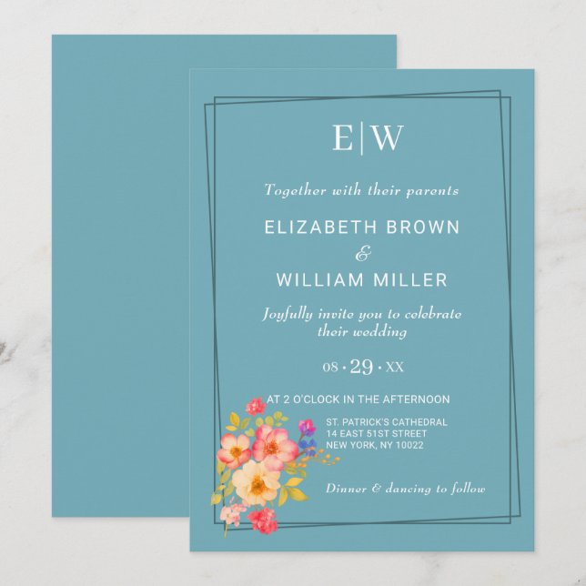 Invitation Cadre avec Rose, style Mariage sur bleu rétro (Devant / Derrière)